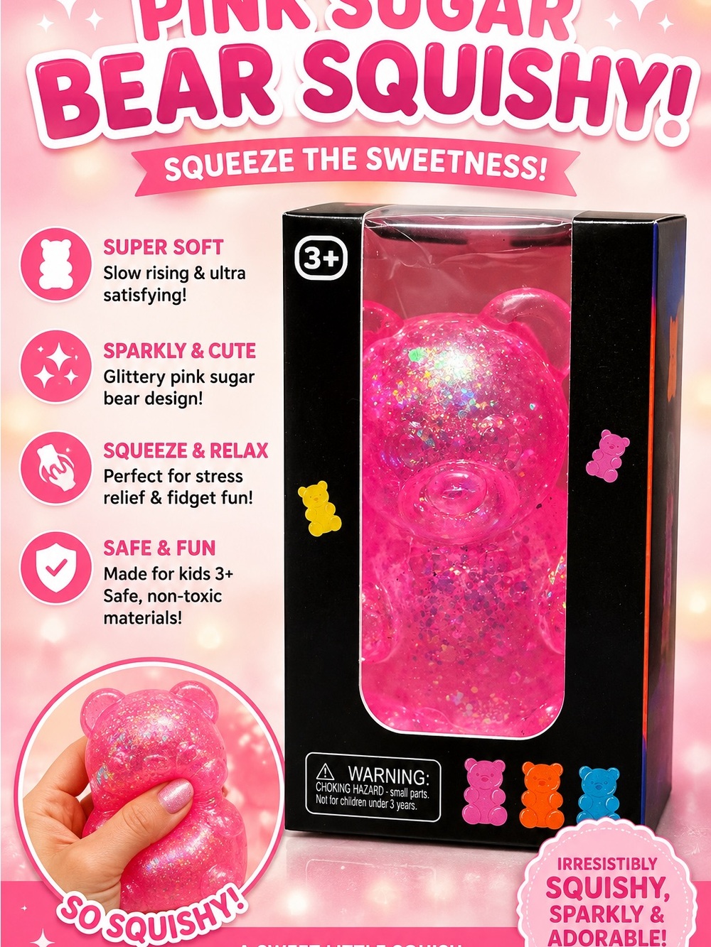 Pink Sugar Bear Squishy Stress Toy - Sparkly Pink Kids Fidget